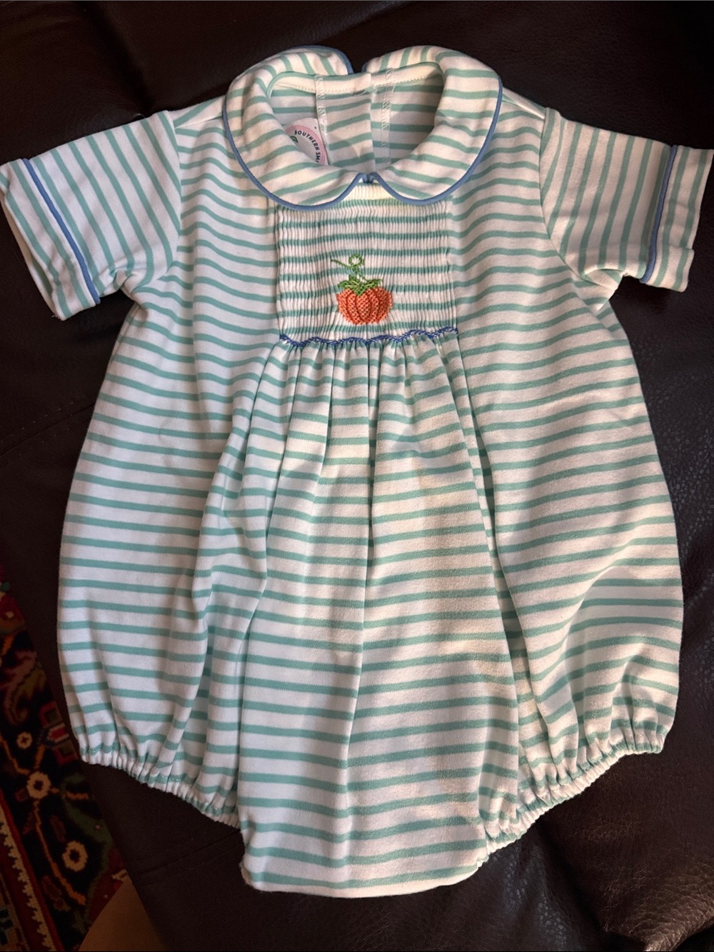 Striped Baby Bubble Romper with Pumpkin Smocking.southern smocked company .